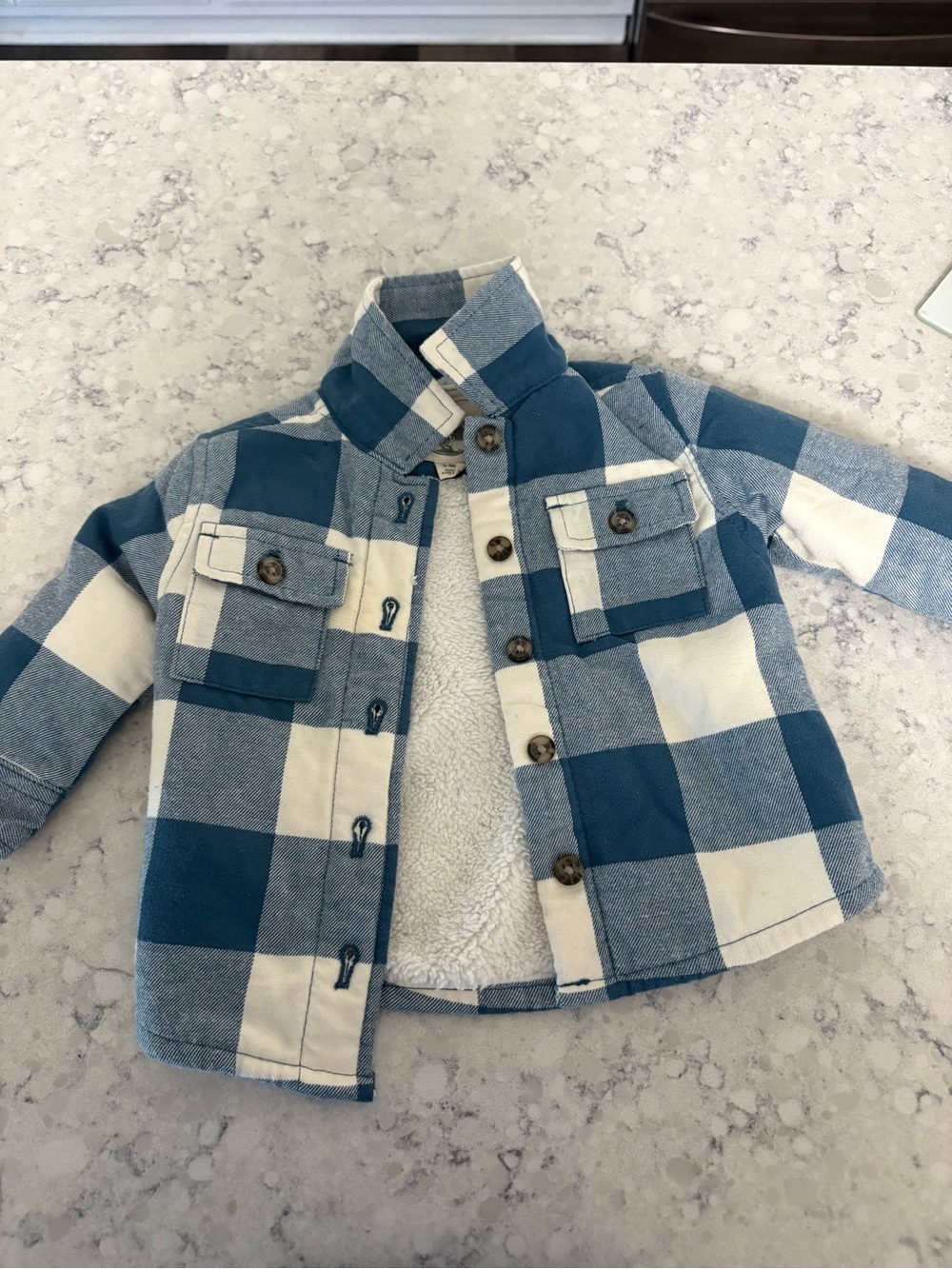 Baby Blue and White Buffalo Plaid Sherpa-Lined Jacket